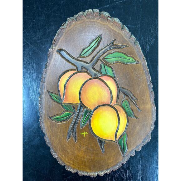 Vintage- Wood Chip- Wall Art- Peaches- Painted- signed wfs- some wear rustic - Picture 3 of 7